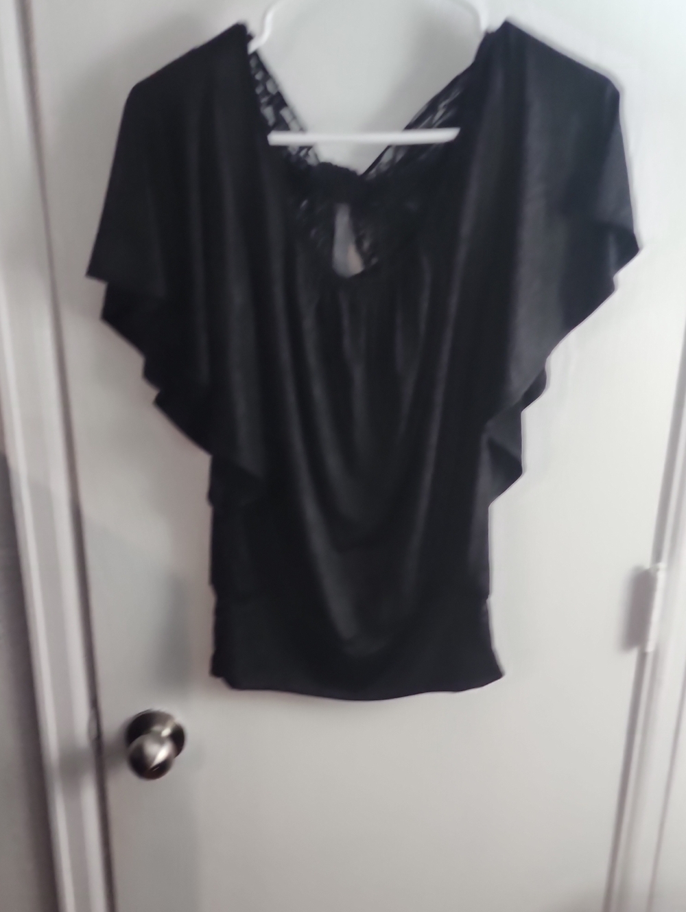 HeartSoul Black Lace-Trim Flutter Sleeve Top